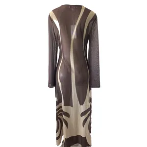 NWT Caroline Constas Brown Cover Up Maxi Dress Mesh Long Sleeve Sheer Beige M thumbnail 5