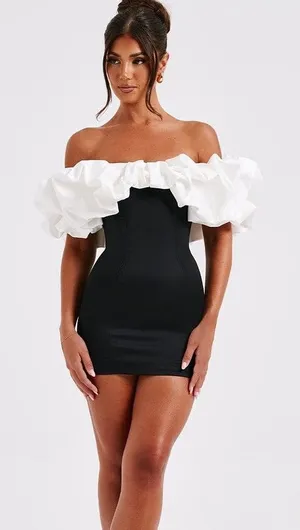 BABYBoo Off-Shoulder Black & White Ruffle Mini Dress S thumbnail 1
