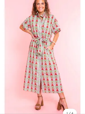 Mod’s Mahal Women’s Midi Shirt Dress English Garden Size XS Pink Green Floral thumbnail 14
