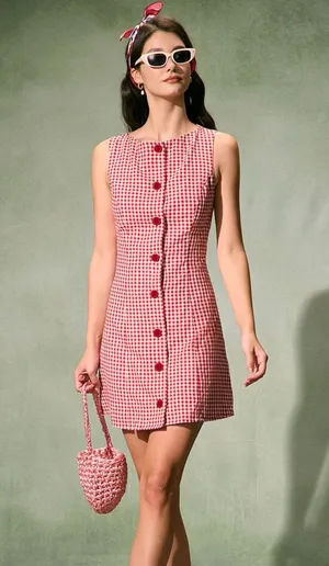 RIHOAS The Red Boat Neck Plaid Mini Dress thumbnail 1