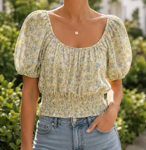 American Eagle Cropped Top Shirt Women’s XL Yellow Floral Cotton Cottagecore thumbnail 1