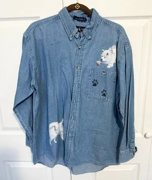 Vintage Luna Pier Denim Blue Shirt with Husky Dog Animal Design LARGE thumbnail 1