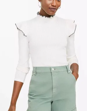 Loft pointelle white ribbed ruffle sleeve top size medium thumbnail 1