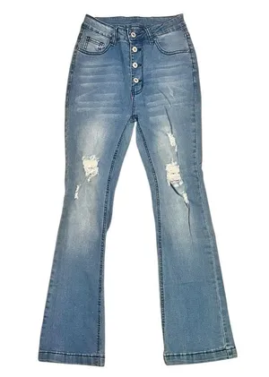 Zara High-Rise Light Blue Distressed Flare Jeans thumbnail 1
