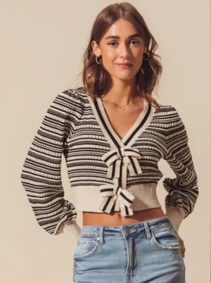 SO Me Ribbon Button Crop Cardigan Black thumbnail 1
