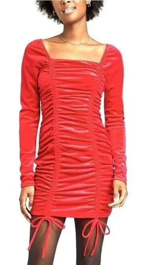 Wild Fable Long Sleeve Ruched Red Velvet Bodycon Dress Size M thumbnail 1