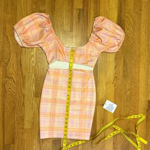 ASOS Design Women’s 6 Pink Orange Plaid Cut Out Puff Sleeve Zipper Mini Dress thumbnail 8