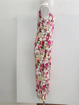 eesome Cream Floral Square-Neck Wide-Leg Jumpsuit with Pink Roses thumbnail 3