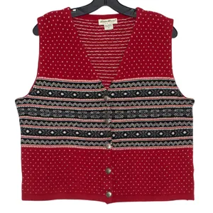 Vintage Eddie Bauer Sweater Vest Lambswool Fair Isle Nordic Holiday Red Medium thumbnail 1
