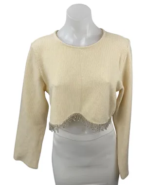 Zara Women's Cream Ribbed Knit Silver Fringe Long Sleeve Sweater Crop Top Size M thumbnail 1