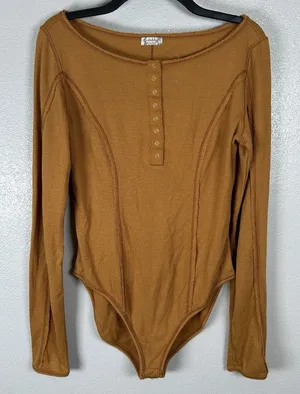 Free People Intimately Sloane Henley Bodysuit Sz Medium Snap Thumbholes Mustard thumbnail 1