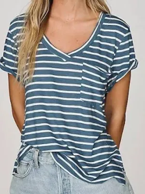 Anthropologie Pilcro Blue White Striped The Quinn V Neck Tee thumbnail 1