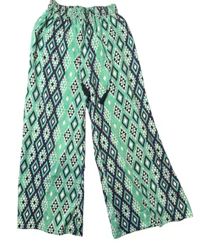 BOHO Wide Leg Palazzo‎ Pants Size S Green Geometric Smocked Waist Festival Flowy thumbnail 1