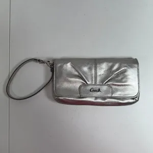 Coach Small Ashley Baguette Clutch Metallic Silver Leather Pleated Logo Y2K thumbnail 10