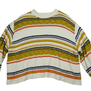 POL Striped Pointelle Knit Sweater Mustard Orange Cream Boho Retro Oversized‎ thumbnail 2