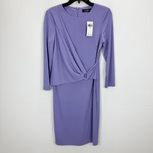 Lauren Ralph Lauren Jersey 3/4 Sleeve Dress Draped Knee Length Purple US 6 NWT thumbnail 4