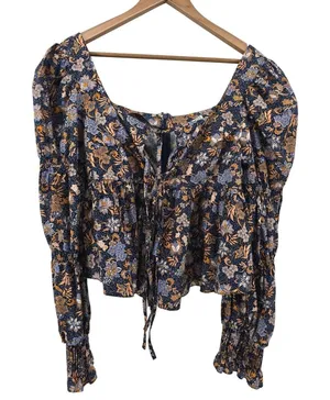 Topshop Blouse Womens 10 Blue Floral Boho Square Neck Puff Sleeve‎ Tie Front Zip thumbnail 1