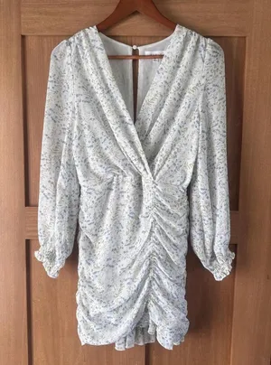 MABLE Ruffle Ivory / Blue Floral Puff Sleeve Rouched Mini Dress Women’s Small thumbnail 1
