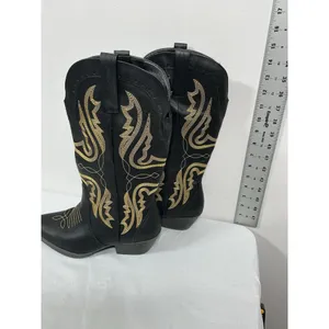 Womans Pullon Midcalf Cowgirl Boots 9 Black Gold Heel Stitching NWOT thumbnail 3