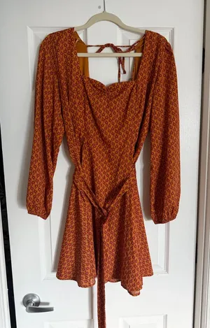 BOG Collective Orange Floral Long Sleeve Dress with Belt thumbnail 1