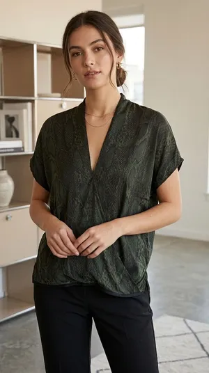 Karlie Olive Green Snake-Print Surplice Short Sleeve Blouse thumbnail 1