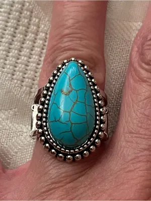 Finger Ring Faux Turquoise Teardrop Stone Silver Tone Elastic Band 7 8 Western thumbnail 1