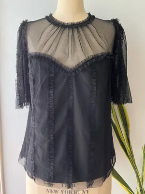 Boden• Black Mesh Ruffle Lace Blouse• Sz 8 thumbnail 1