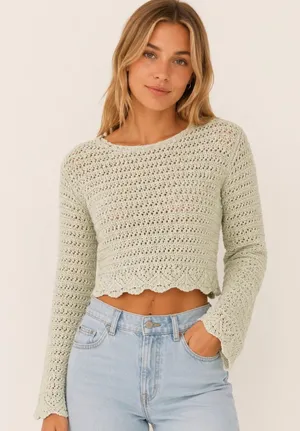 American Eagle Outfitters Sage Crochet Scoop Neck Crop Sweater thumbnail 1
