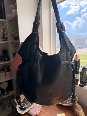 Black Leather Large Boho Hobo Shoulder Bag With Braided Tassels Gold Hardware thumbnail 3