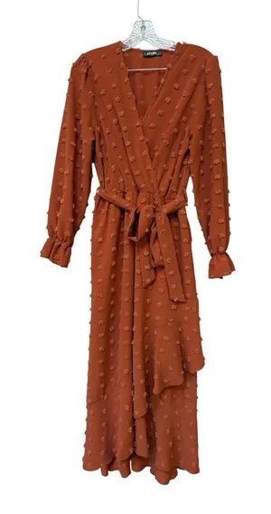 Rust Swiss Dot Maxi Dress Small Long Sleeve Fall Wedding Guest Boho Wrap Sty thumbnail 1