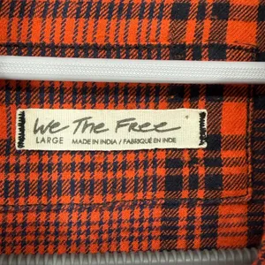Free People We‎ The Free Womens Large Orange Black Plaid Puff Sleeve Button Down thumbnail 4