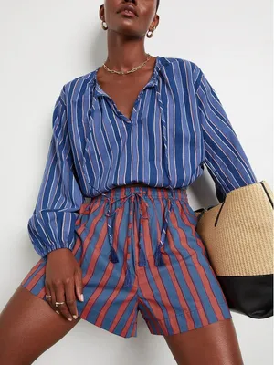 NATALIE MARTIN Amelia Top Batik Stripe Navy Cotton Tassel Tie Blouse Top Small thumbnail 1