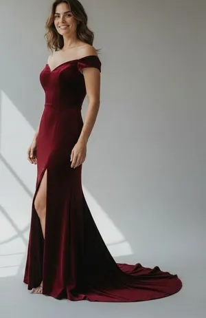 Deep Red Burgundy Off-Shoulder Formal Evening Gown thigh high slit size L thumbnail 1
