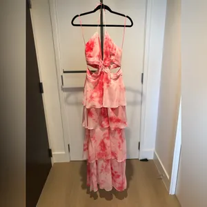 Luxxel Pink Tie Dye Tiered Halter Maxi Dress Size L thumbnail 3