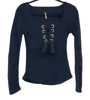 Free People Black Lace-Up‎ Ribbed Long Sleeve Top XS Corset Style Boho Fitted thumbnail 1