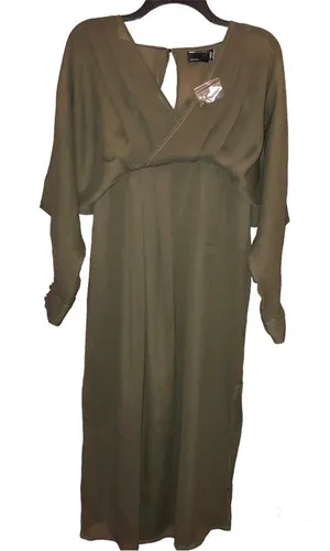 ASOS Design Long Sleeve V‎ Neck Faux Wrap MIDI Dress Olive Green 4 thumbnail 1
