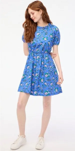 J.Crew Floral Puff Sleeve Mini Dress Blue Cotton Smocked Back Tie Neck Size‎ 12 thumbnail 1