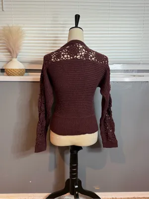 Zara Burgundy Crochet Floral Knit Sweater Wool Blend Medium thumbnail 6
