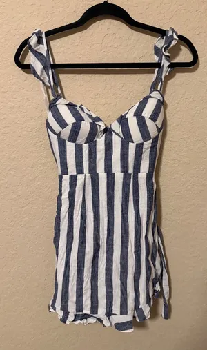 Selfie Leslie Navy and White Striped Tie-Waist Romper thumbnail 1