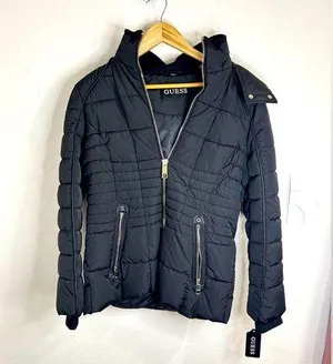Guess Women’s Medium Black Quilted Puffer Jacket Warm Stylish Hooded Winter Coat thumbnail 1