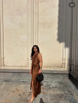 Zara Brown Satin maxi long Dress evening party holiday wedding cocktail gown thumbnail 5