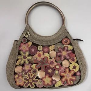 Boho Macrame Crochet Purse Bag Tote Round Handles Floral Brown Hippie 70’s Y2K thumbnail 1