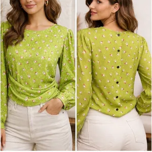 Ungaro Green Floral Satin Twist Front Blouse Puff Sleeve Size 8 thumbnail 2