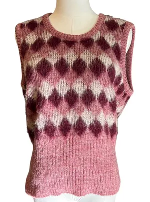 Vtg Knit Vest Academia USA SZ Med Pink Burgundy Plaid Preppy FLAW McGregor thumbnail 1