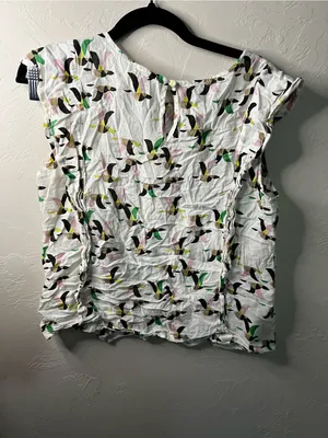 Porridge Anthropologie White Cotton Abstract Bird Print Ruffle Boho Top M thumbnail 7