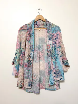 World Market Floral Boho Patchwork Open Front Kimono Cardigan one size pink blue thumbnail 2