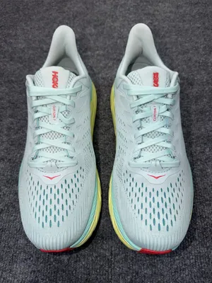 Hoka Clifton 7 running shoes in the Morning Mist and Hot Coral colorway size 10D thumbnail 2