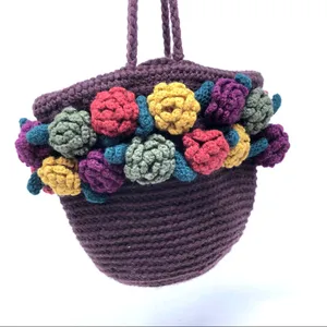 ANTHROPOLOGIE brown crochet wool bag with crochet flowers, NWT thumbnail 7
