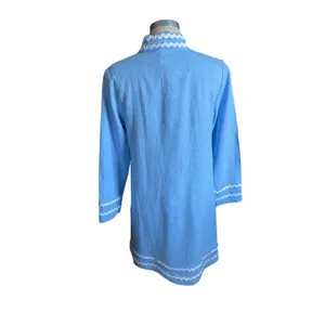 Sail to Sable Long Sleeve Linen Blend Tunic Dress Light Blue Rik Rak Trim Medium thumbnail 5