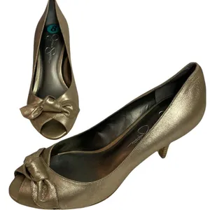 Jessica‎ Simpson Gold Metallic peep Toe Heels Shoes A10 thumbnail 2